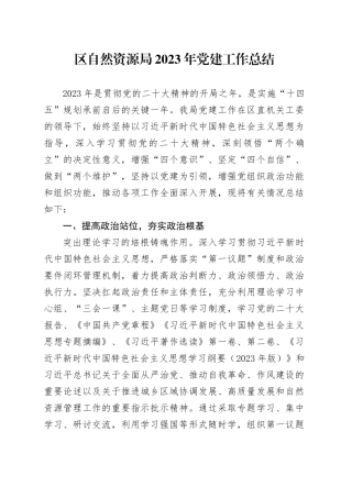 区自然资源局2023年党建工作总结