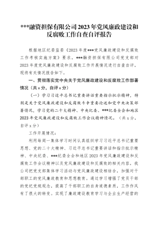 融资担保有限公司2023年党风廉政建设和反腐败工作自查自评报告