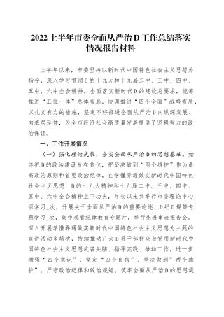 上半年市委全面从严治党工作总结落实情况报告材料