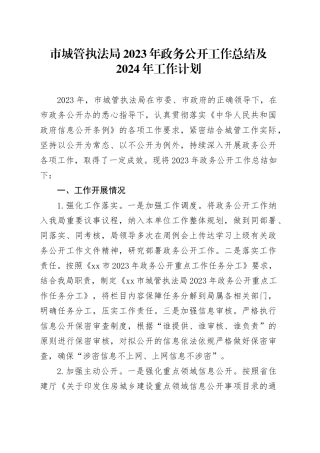 市城管执法局2023年政务公开工作总结及2024年工作计划（20231220）
