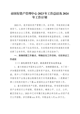 市国有资产管理中心2023年工作总结及2024年工作计划
