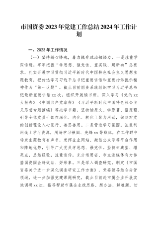 市国资委2023年党建工作总结2024年工作计划