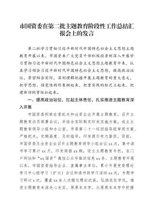 市国资委在第二批主题教育阶段性工作总结汇报会上的发言