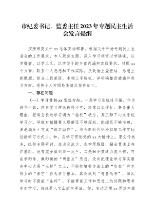 市纪委书记、监委主任2023年专题民主生活会发言提纲