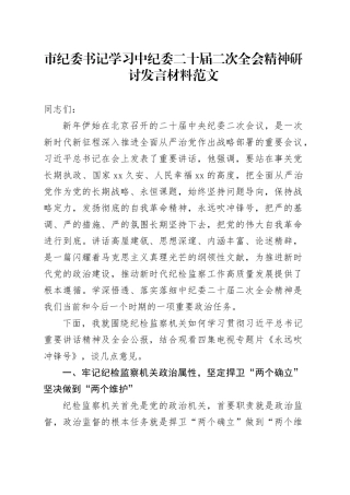 市纪委书记学习中纪委二十届二次全会精神研讨发言材料