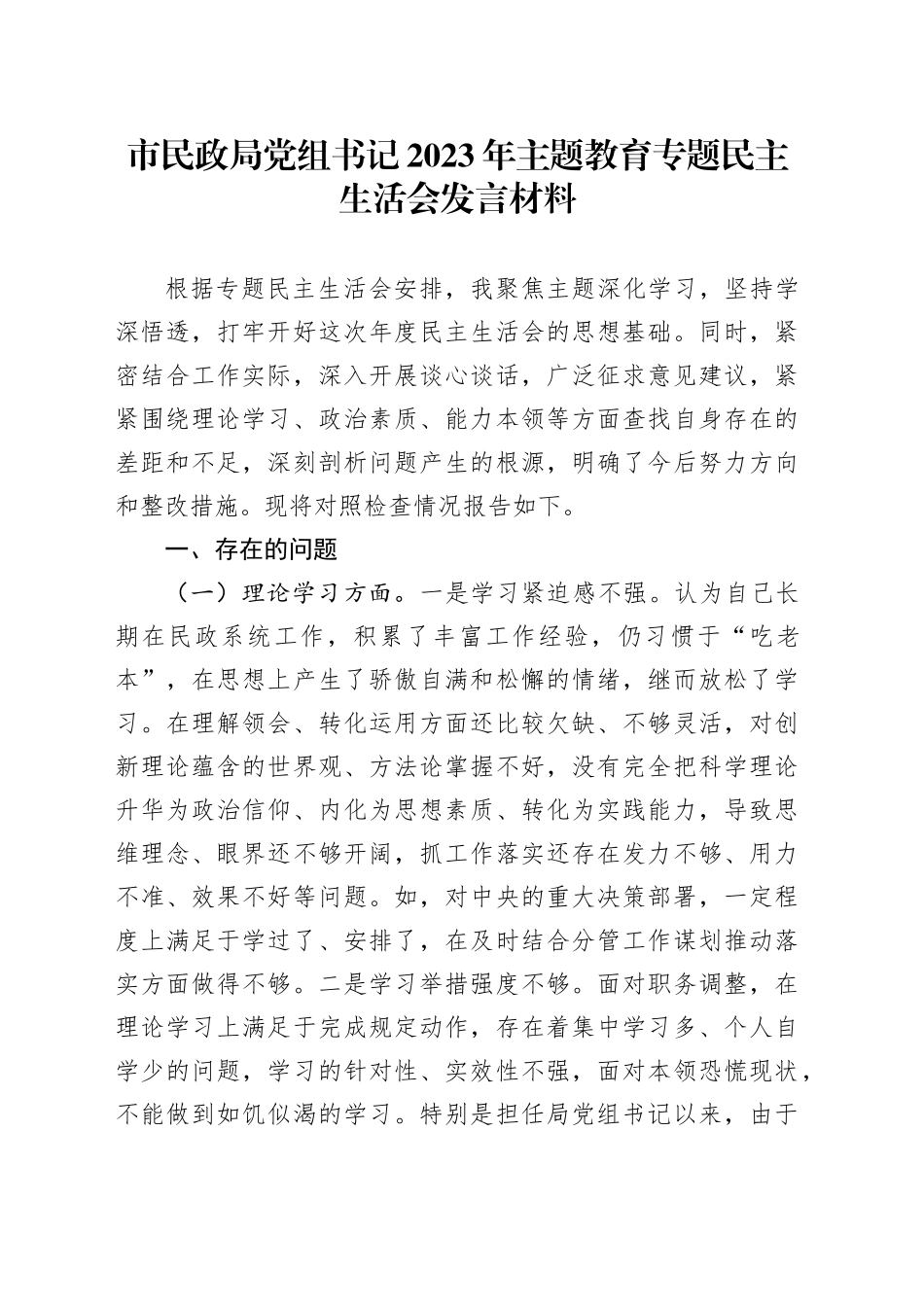 市民政局党组书记2023年主题教育专题民主生活会发言材料_第1页