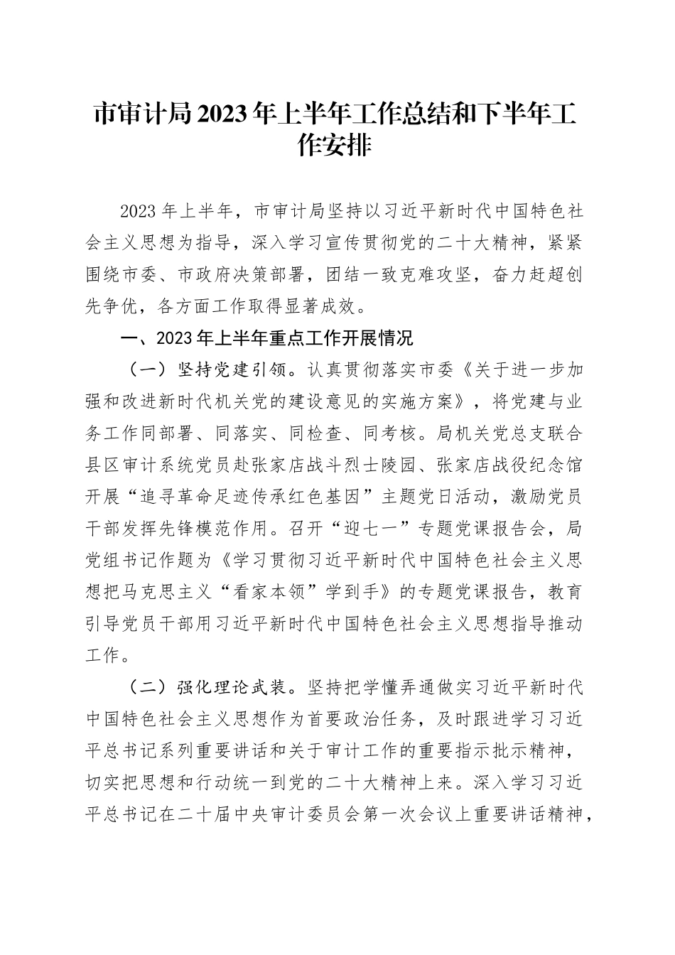 市审计局2023年上半年工作总结和下半年工作安排（20231101）_第1页