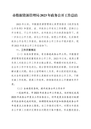 市数据资源管理局2023年政务公开工作总结（20231219）