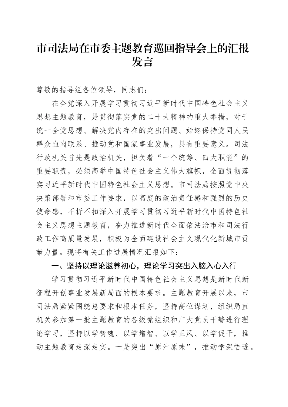 市司法局在市委主题教育巡回指导会上的汇报发言_第1页