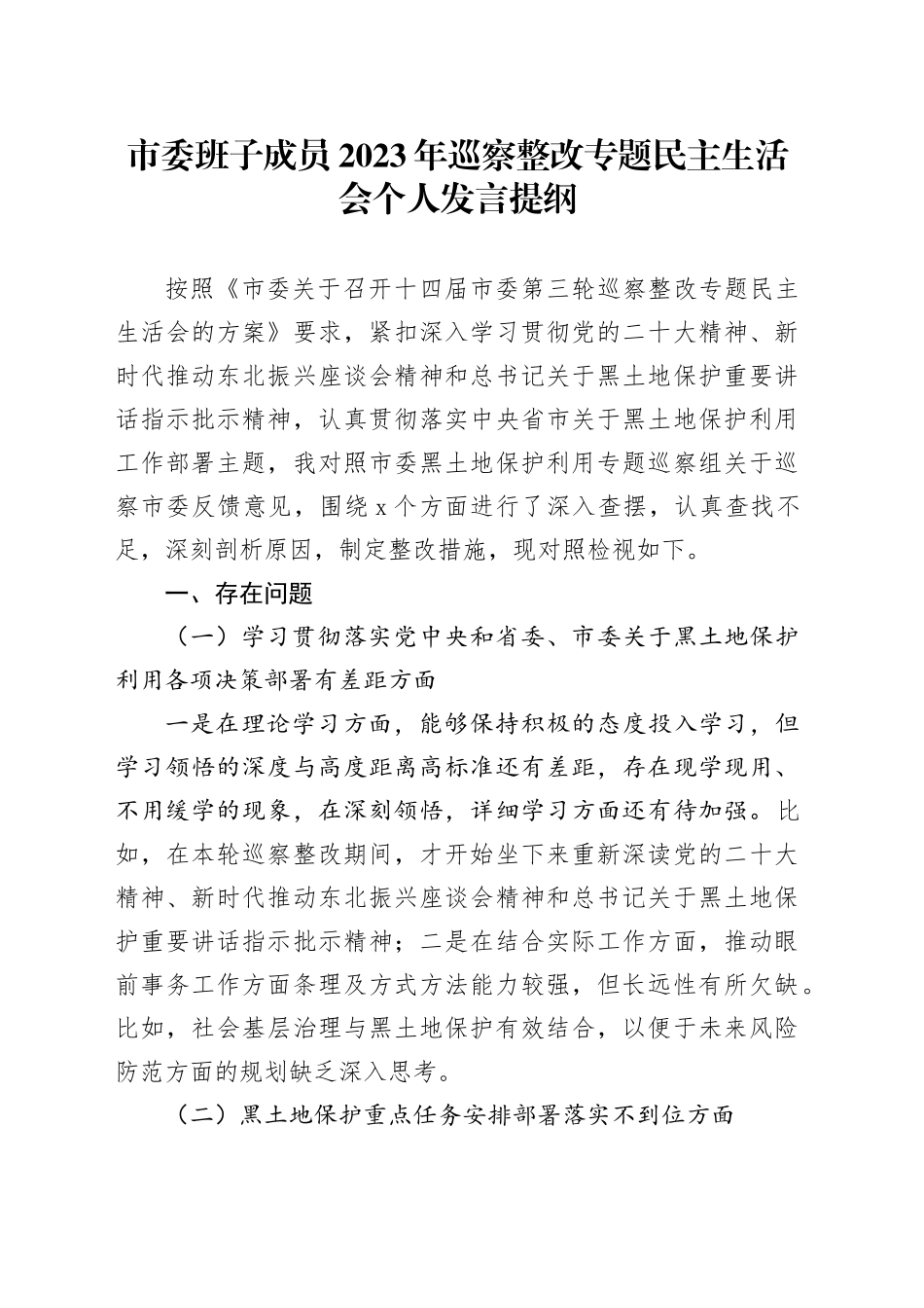 市委班子成员2023年巡察整改专题民主生活会个人发言提纲_第1页
