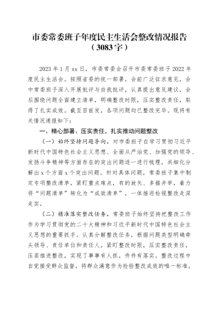 市委常委班子上年度民主生活会整改情况报告