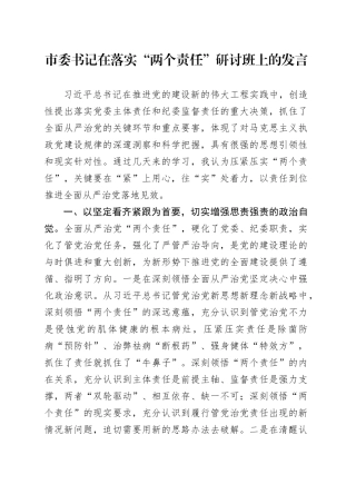 市委书记在落实“两个责任”研讨班上的发言