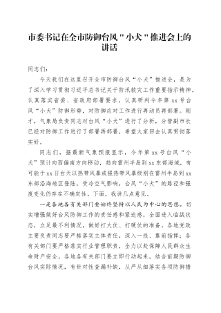 市委书记在全市防御台风＂小犬＂推进会上的讲话