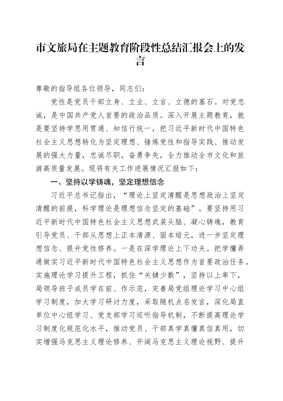 市文旅局在主题教育阶段性总结汇报会上的发言_第1页