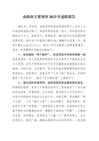 市政府主要领导2023年述职报告