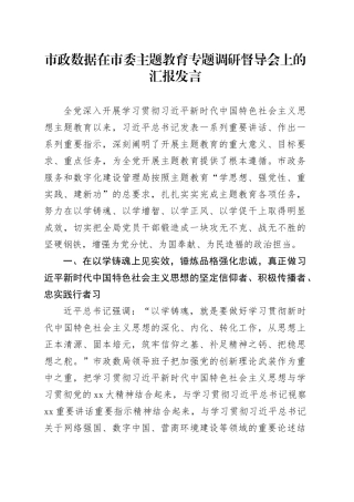 市政数据在市委主题教育专题调研督导会上的汇报发言