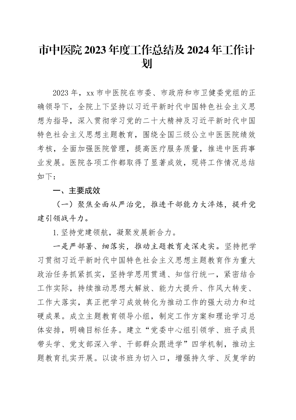 市中医院2023年度工作总结及2024年工作计划_第1页