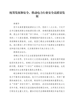 统筹发展和安全，推动电力行业安全高质量发展