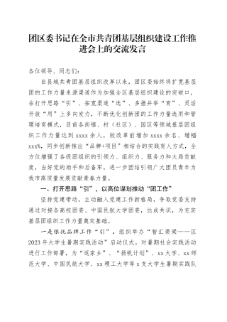 团区委书记在全市共青团基层组织建设工作推进会上的交流发言