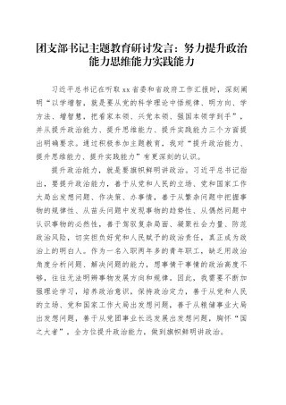 团支部书记主题教育研讨发言：努力提升政治能力思维能力实践能力