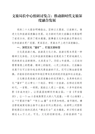 文旅局长中心组研讨发言：推动新时代文旅深度融合发展