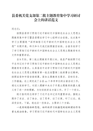 县机关支部主题教育学习研讨会讲话第二批次