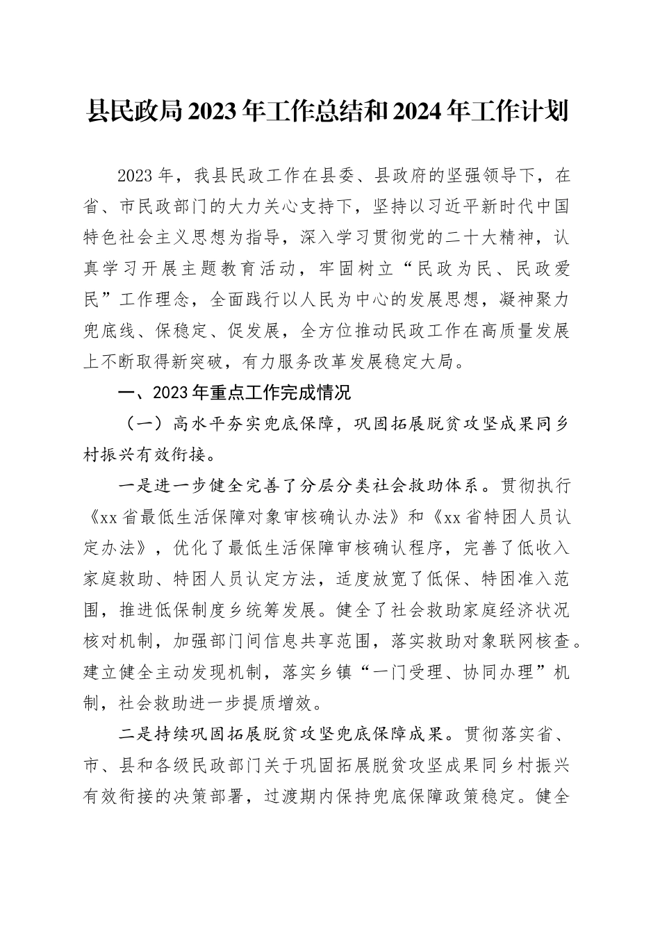县民政局2023年工作总结和2024年工作计划（20231229）_第1页