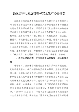 县区委书记应急管理和安全生产心得体会