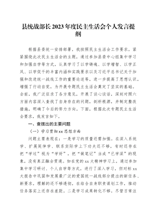 县统战部长2023年度民主生活会个人发言提纲