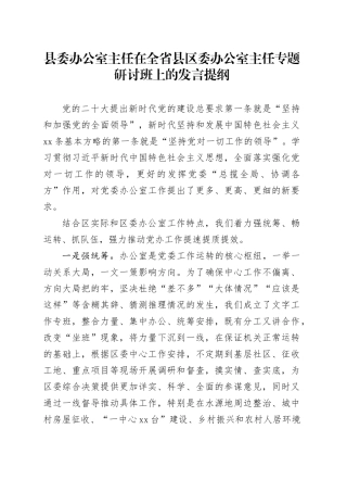 县委办公室主任在全省县区委办公室主任专题研讨班上的发言提纲