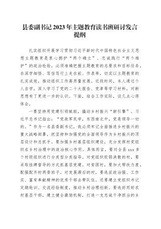 县委副书记2023年主题教育读书班研讨发言提纲