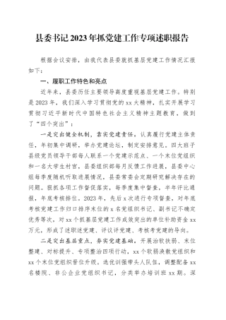 县委书记2023年抓党建工作专项述职报告