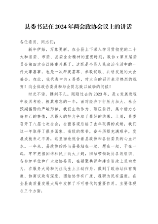 县委书记在2024年两会政协会议上的讲话