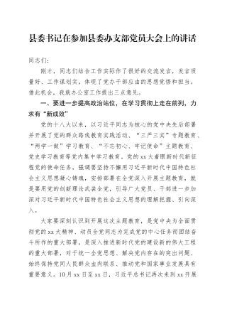 县委书记在参加县委办支部党员大会上的讲话
