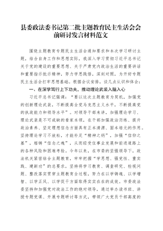 县委政法委书记第二批主题教育民主生活会会前研讨发言材料20240108