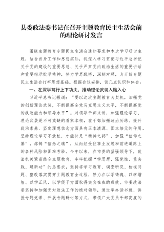 县委政法委书记在召开主题教育民主生活会前的理论研讨发言
