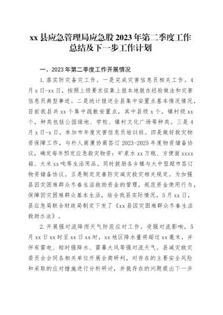 县应急管理局应急股2023年第二季度工作总结及下一步工作计划（20230724）