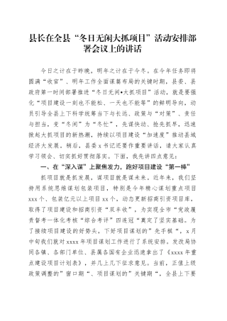 县长在全县“冬日无闲大抓项目”活动安排部署会议上的讲话