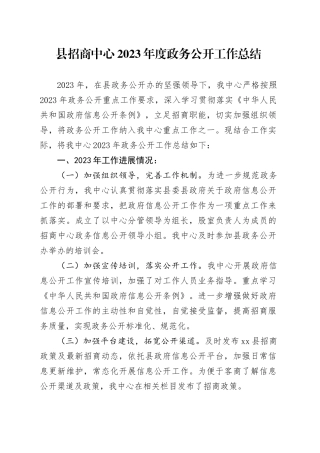 县招商中心2023年度政务公开工作总结（20231205）