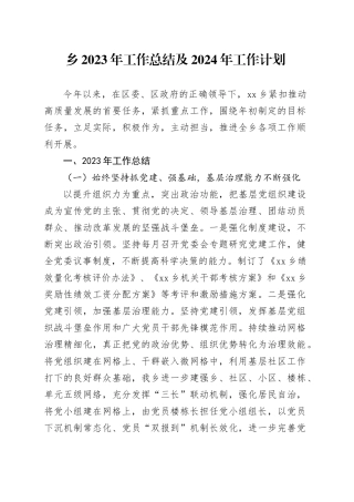 乡2023年工作总结及2024年工作计划（20231228）