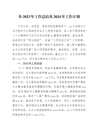乡2023年工作总结及2024年工作计划（20240104）
