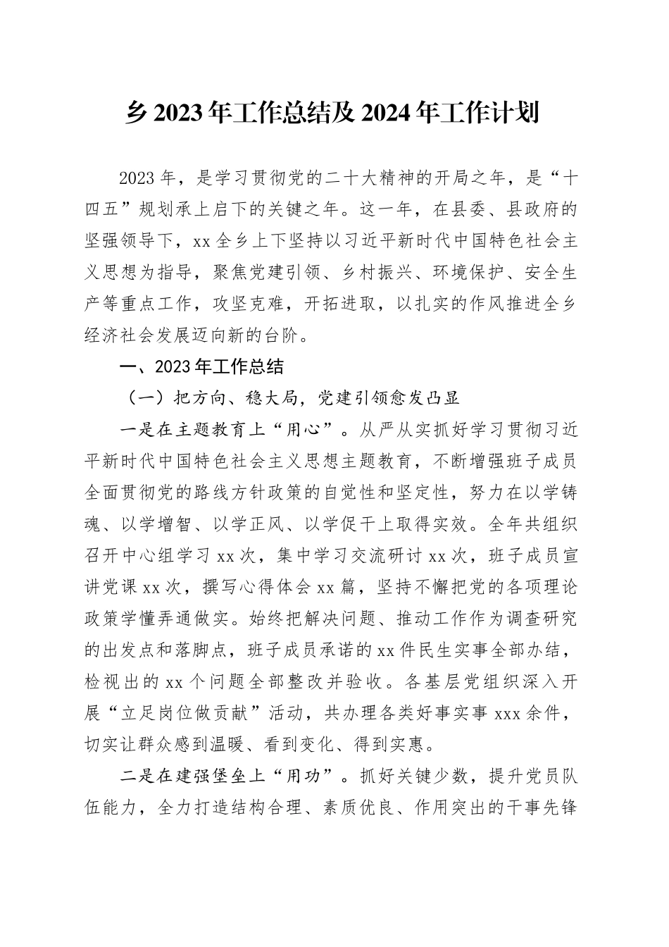 乡2023年工作总结及2024年工作计划（20240109）_第1页