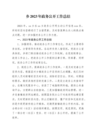 乡2023年政务公开工作总结（20231220）
