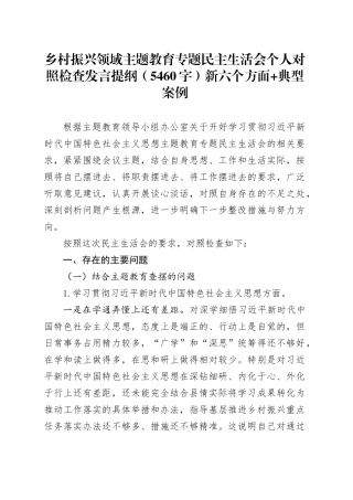 乡村振兴局主题教育专题民主生活会个人对照检查发言提纲（践行宗旨等6个方面+典型案例）