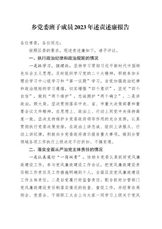 乡党委班子成员2023年述责述廉报告
