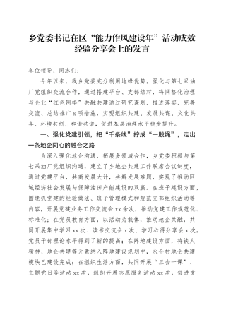 乡党委书记在区“能力作风建设年”活动成效经验分享会上的发言