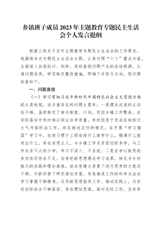乡镇街道班子成员2023年主题教育专题民主生活会个人发言提纲