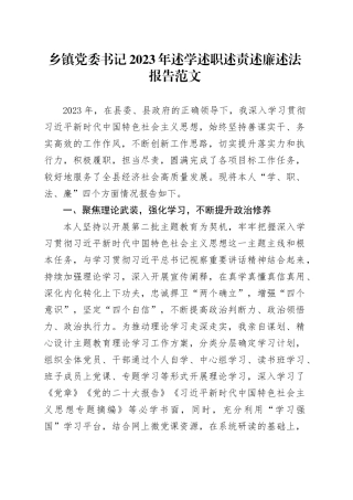 乡镇街道党委书记2023年述学述职述责述廉述法报告个人工作汇报总结20231227