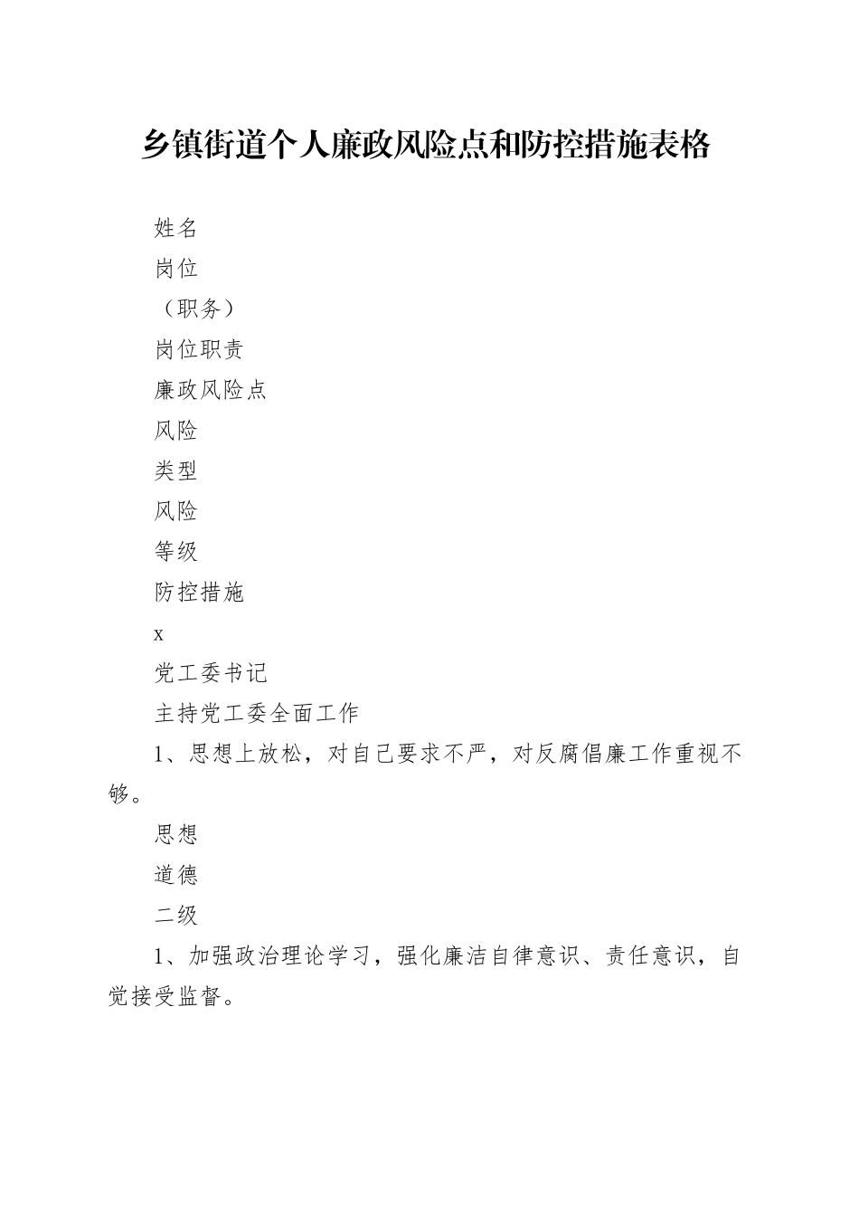 乡镇街道个人廉政风险点和防控措施表格231204_第1页