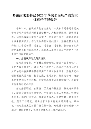 乡镇政法委书记2023年落实全面从严治党主体责任情况报告